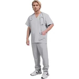 Man Medical Scrubs Set Medical Uniform 5-Pocket Top and 5-Pocket Pants