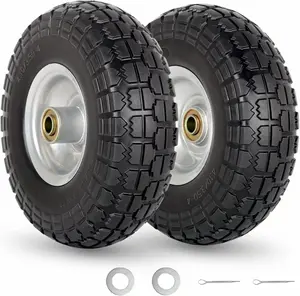 4.10/3.50-4" Flat Free Tire and Wheel, 10" Heavy Duty Solid Tire, 5/8" Axle Bore Hole, 2.2" Offset Hub, for Hand  Garden Cart Wagon Trolley  Replacement, 2 Pack