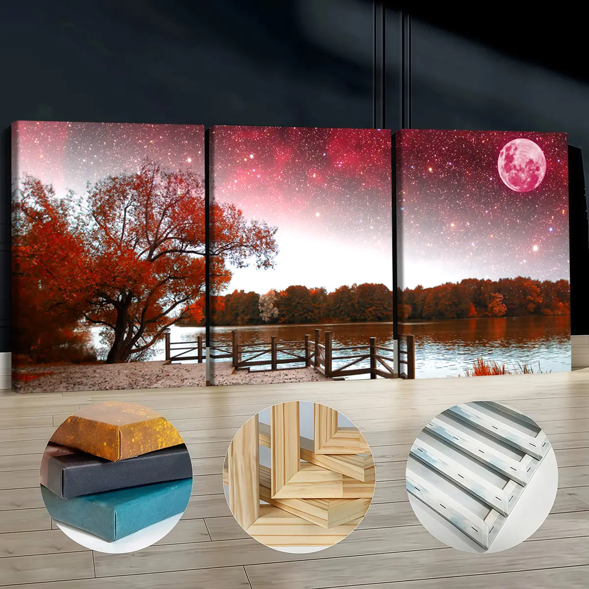 3Pcs Pine Wood-Framed Canvas Painting Set - Autumn Lake Night with Blush Pink Moon & Stars, Waterproof Odorless Decor, 30x40cm(11.8x15.7in) Home Wall Art for Living Room, Bedroom, Bar, Home Supplies