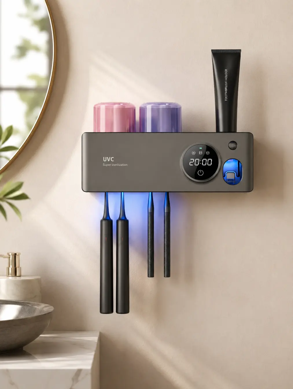 Rechargeable UV Toothbrush Sanitizer with Drying Function, Wall Mount Toothbrush Holder & Cup Storage, Efficient Germ Sterilization, Dustproof & Odor-Free, Couple Oral Hygiene Organizer for Bathroom Home Use Sterilizing, Organizing, Toothbrush Protector