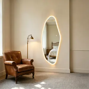 Safety-Durable Modern Irregular Organic-Shaped LED Full-Length Mirror, 3-Color Dimmable Backlit Wall-Mount Dressing Mirror, Shatterproof Tempered Glass Asymmetrical Decor for Bedroom Entryway Home Aesthetic
