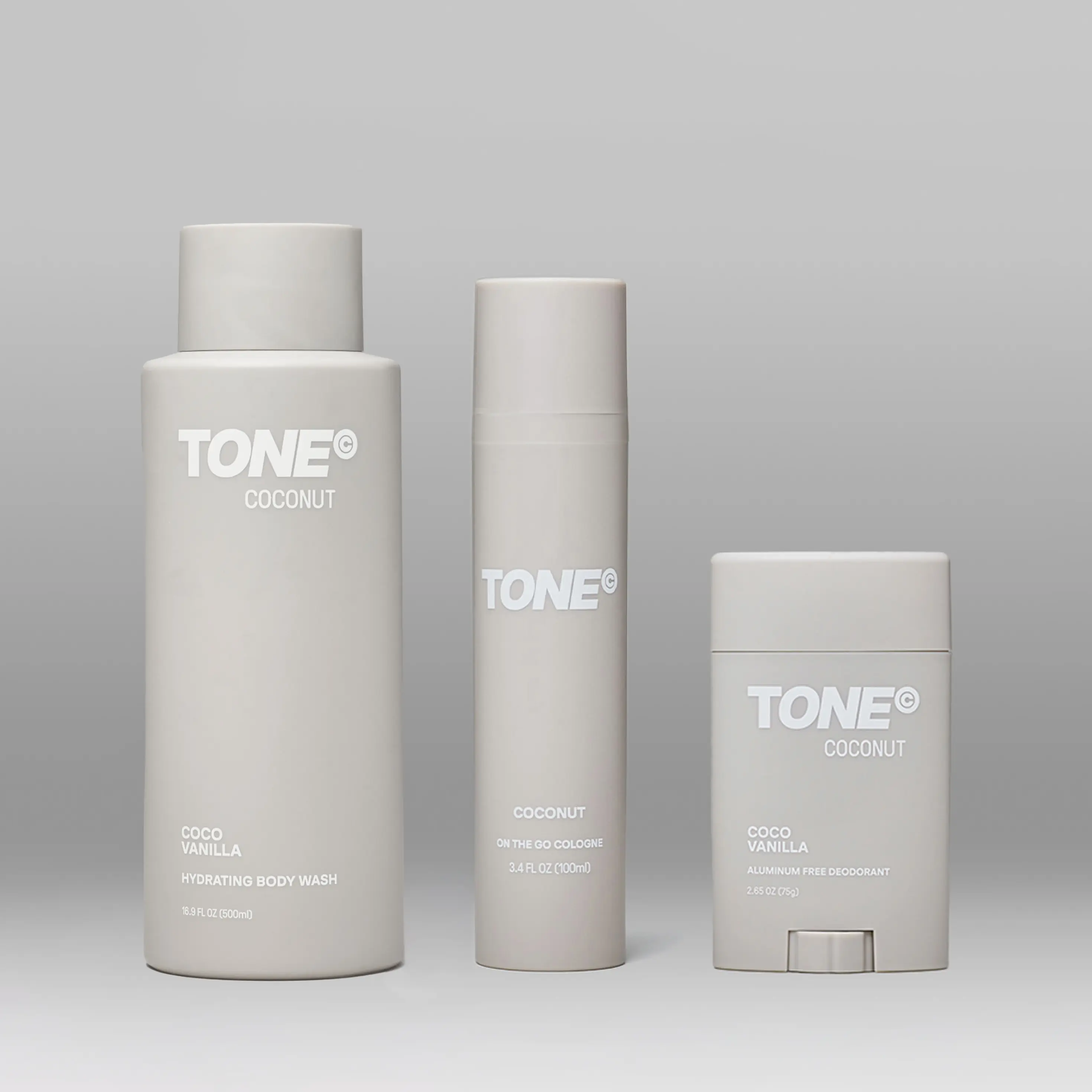 TONE Coconut Scent Essentials Collection – Aluminum-Free Deodorant, Hydrating Body Wash & Travel On The Go Cologne