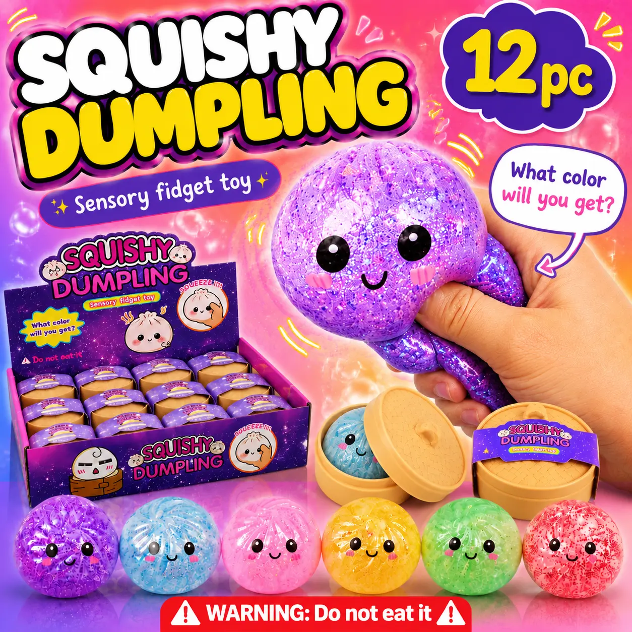 12 Psc Per Box Glitter Dumpling Squishy - Random Glitter Dumpling Box, Dumplings Squishy Toy, More Surprises (Random) Stress Glutinous