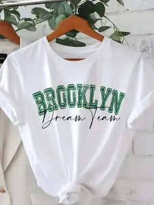 Brooklyn Dream Team" Women'S Short Sleeve T-Shirt - Green & White Casual Letter Print, Crew Neck, Perfect for Spring & Summer, Trendy Casual Attire, Casual Wear|Trendy Women'S Tee|Glossy Finish