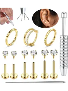 1 Set 18G 16G Flat Back Earrings for Women 316L Surgical Steel Cartilage Hoop Earrings Stack, Internal Thread CZ Stud Body Piercing Jewelry for Tragus Helix Conch & Hypoallergenic Lip Nose Rings Hoops
