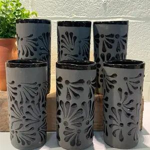 Black Barro 6pc tumbler cups.Handmade Reusable Ceramic with Handle, Multiuse for Hot & Cold Drinks, Lead Free - Washable, Retro