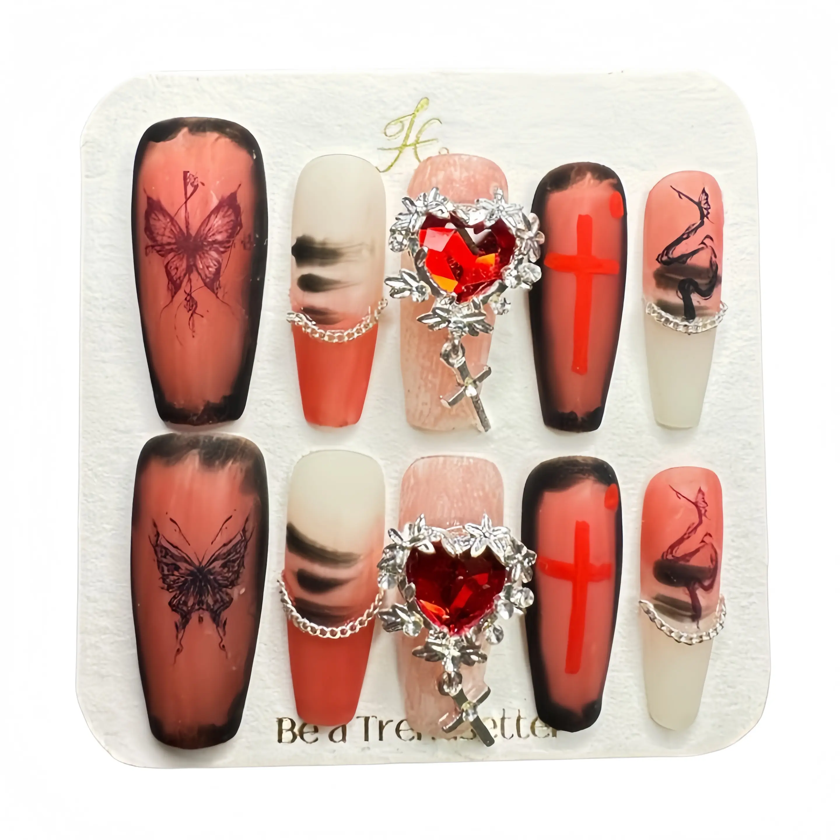 E13 Spice Girl Premium Red Gel Nail Sticker Set with Detachable Handmade Nail Charms, Winter-Ready Wearable Finish, Charms For Nail