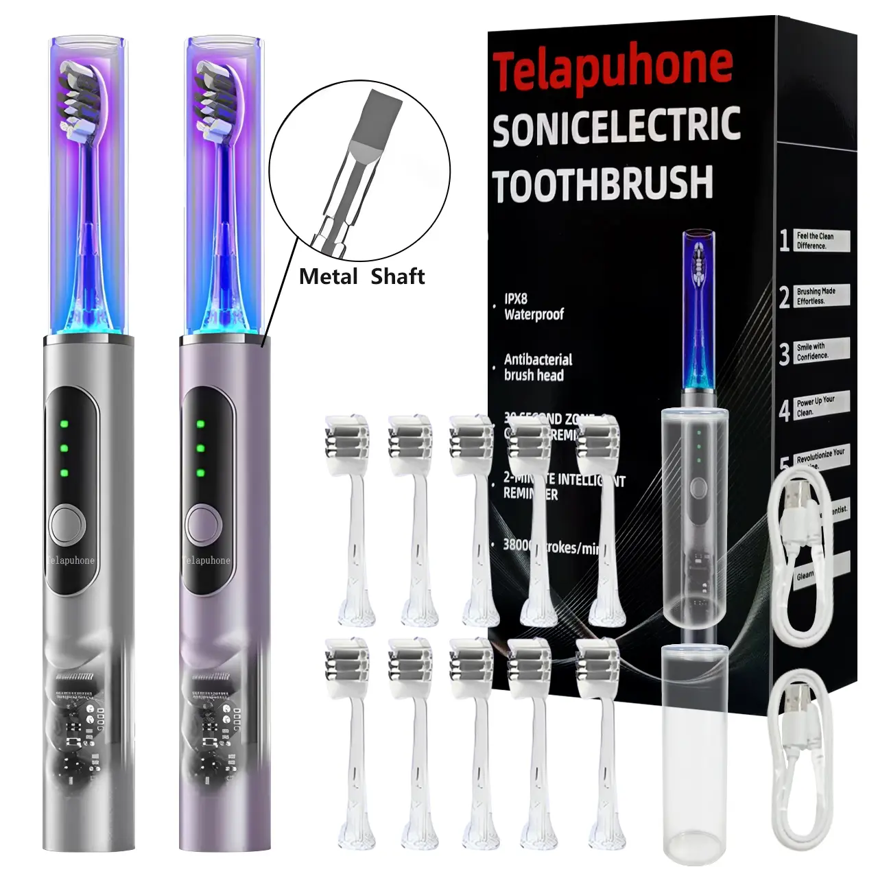 （16pcs）IPX8 Sonic Electric Toothbrush for Adults with Brush Head Care Mode - 6 Modes（2 host +10 replacement brush head +2 USB charging cable+2 Dust cover）Sonic Electric Toothbrush For Adults