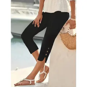 Women's Plus Size Sporty Joggers High-Waisted Slimming Black Capri Leggings with Buttons Stretch Comfortable Stylish Solid Casual Pants for Sports Outdoor Activities