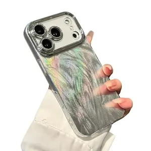 Shiny Silver Glitter Phone Case for iPhone 17 16 15 14 13 12 11 XS X ProMax Pro Air Plus Luxury Feather Tulle Pattern Lens Protection Full Coverage Drop-proof Shockproof Fashion iPhonecase
