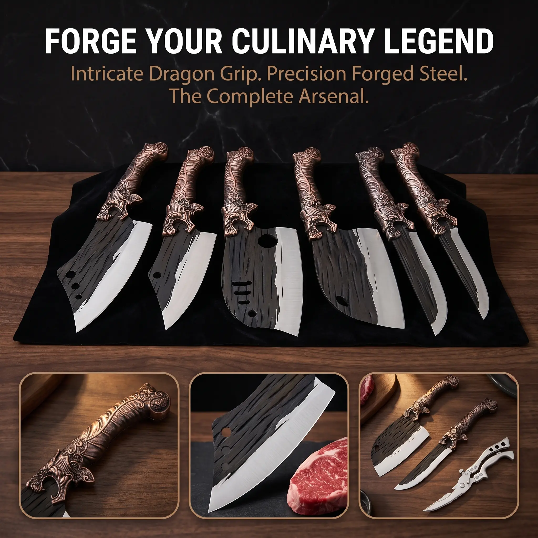 7-piece set of vintage lion-head forged meat-cutting knives – high-quality, sharp kitchen tools that are essential for various cooking tasks, including bone scissors., gifts for parents.
