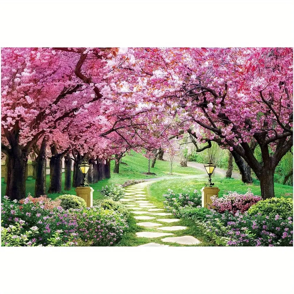 Spring Flower Tree Garden Path Landscape Backdrop Tapestry - Unisex Animals Print Home Decor, Photo Prop for Wedding & Baby Shower, Studio Photography Banner Supplies