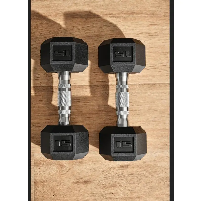 Soozier Hex Dumbbell Set, 2 x 15 lbs Rubber Coated Weights with Nonslip Metal Grips, Anti-Roll Strength Conditioning Equipment for Home Gyms, Gym Stuff, Workout, Resistance Training, Flexibility, Hexagon Shape, Ergo Handle, Rubber Wrap, Set Of Two
