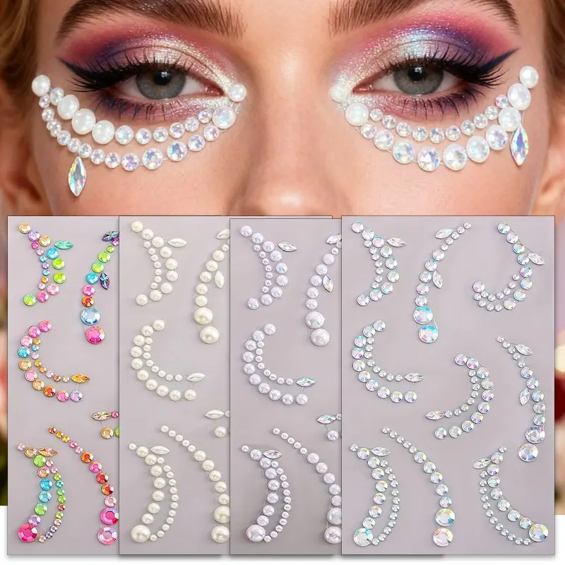 4pcs Face Rhinestone Pearl Stickers, 5D Colorful Diamond Gem Stickers, Party Festival Makeup Jewelry DIY Facial Decoration