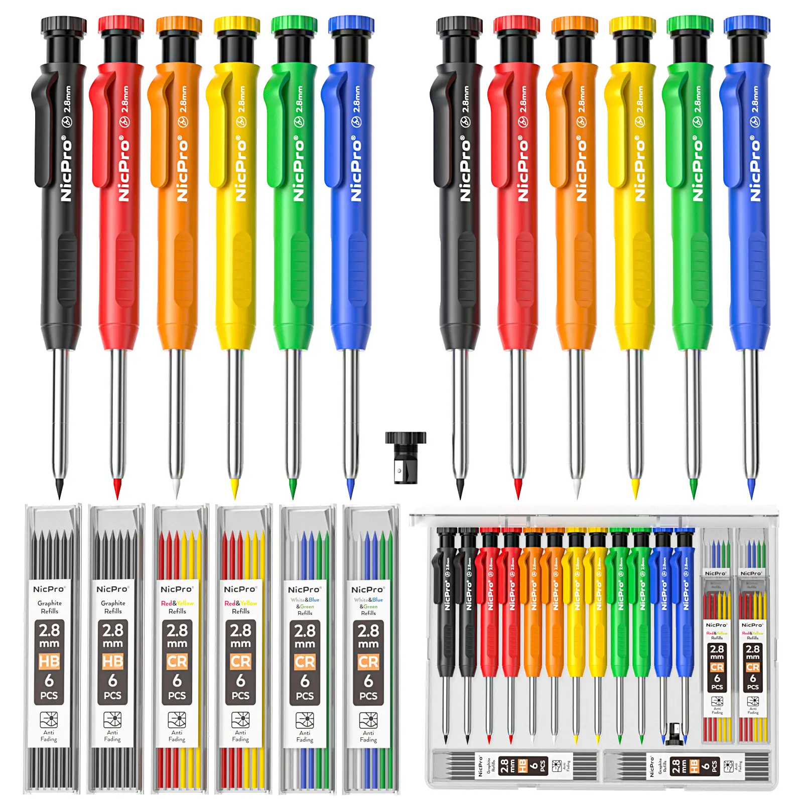 Nicpro 12-Pack Mechanical Carpenter Pencils Set with Sharpener, 52 Refills & Deep Hole Tip, Heavy-Duty Office Stationery for Construction Woodworking (Red, Black, Yellow, Blue, Orange),back to school,back to school shopping