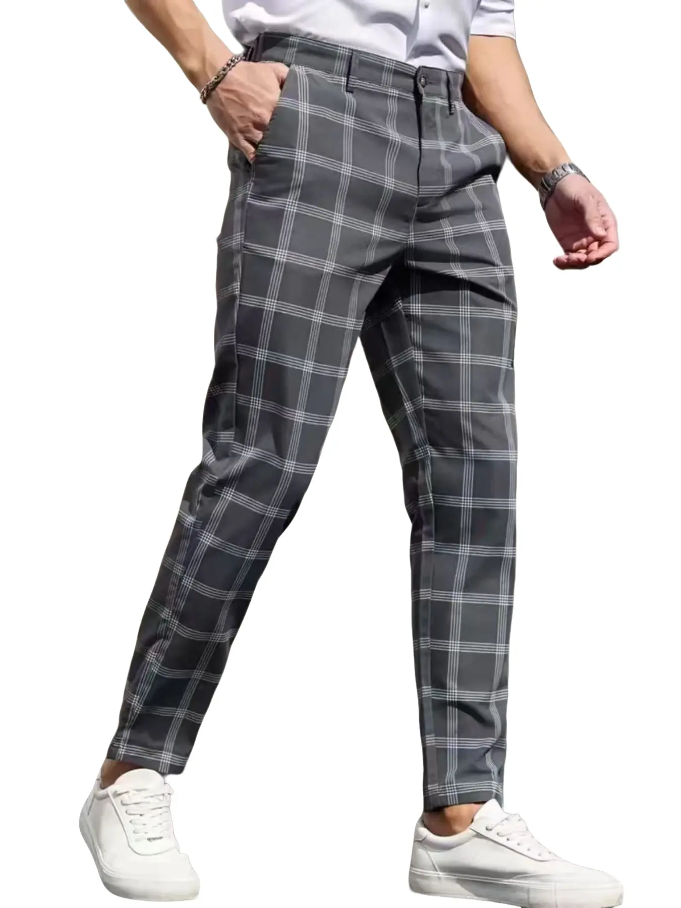 1 Pack Men's Plaid Checked Pants Menswear Retro British Style Stretchy Slim Fit Breathable Comfortable Wrinkle-Resistant Casual Streetwear Bottoms Fitted Trousers Casual Fitted Cut for Daily Commute & Streetwear Enthusiasts