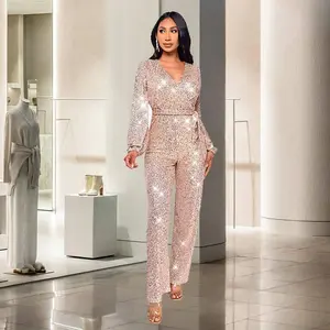 Deep V Fashion Casual Jumpsuit Long Sleeve Belt Sequins Jumpsuit