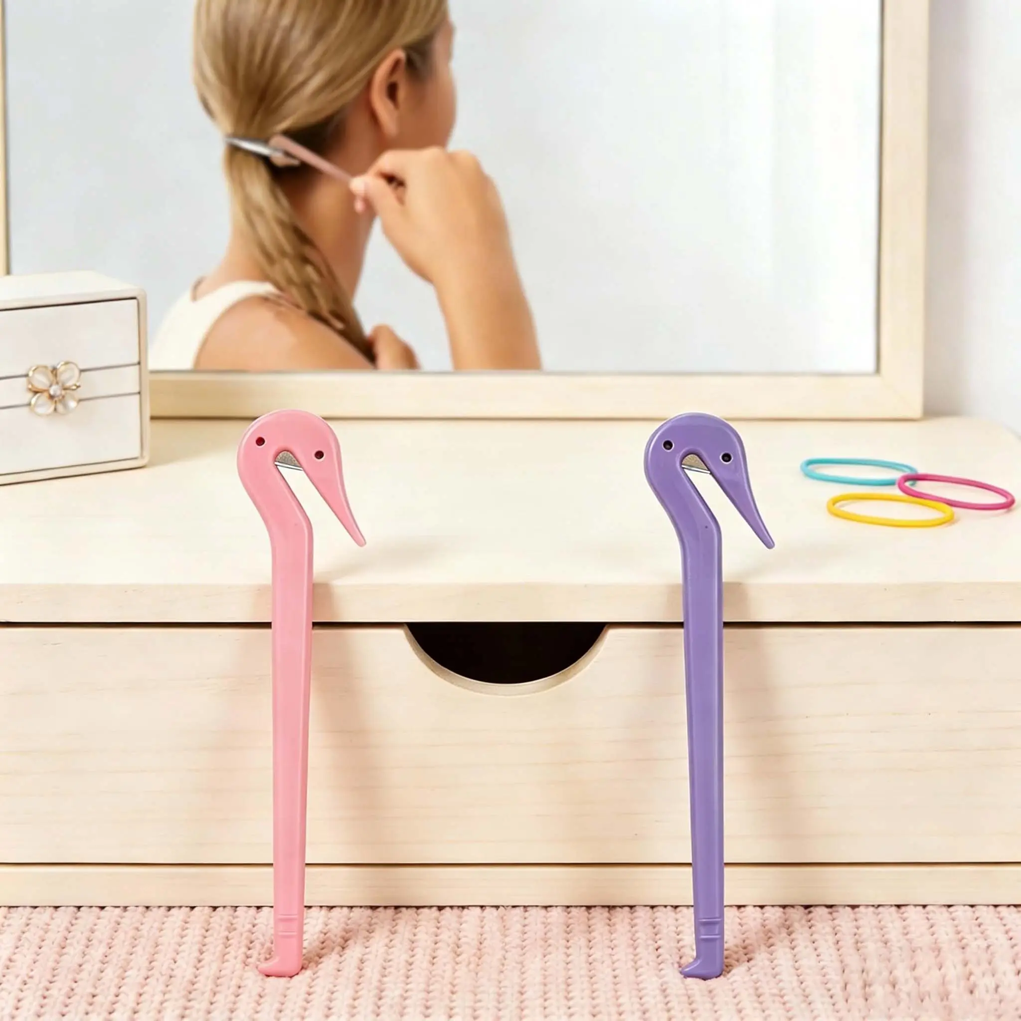 2 portable hair removal tools, disposable rubber band knife hook hair tool, non damaging hair removal and cutting rope hair remover (pink+purple)