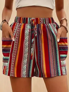 Women's High Waist Boho Bohemian Striped Fitted Shorts, Elastic Waistband, Drawstring & Side Pockets, Casual Ethnic Geometric Pattern, Spring Summer Fall Daily Wear, Womenswear