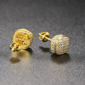 Mens Stud AAA Quality CZ Earrings Gold Plated Square Design Hip Hop Jewelry for Men
