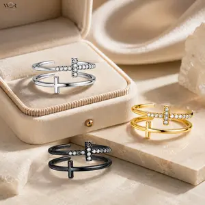 Women's Open Double-Band Cross 2-Row Rings - Silver, Gold, Black Tone - Sparkling, Elegant, Lightweight, Comfortable, Versatile Feminine Costume Jewelry, Ideal Daily Wear Accessory or Gift, Two Row Rings