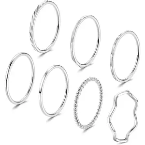 FINREZIO 7 Pcs Stainless Steel Rings 1MM Fashion Simple Plain Knuckle Stacking Midi Thumb Dainty Thin Stackable Statement Band Rings Set for Women Men Size 5-11 Silver Tone Daily Jewelry
