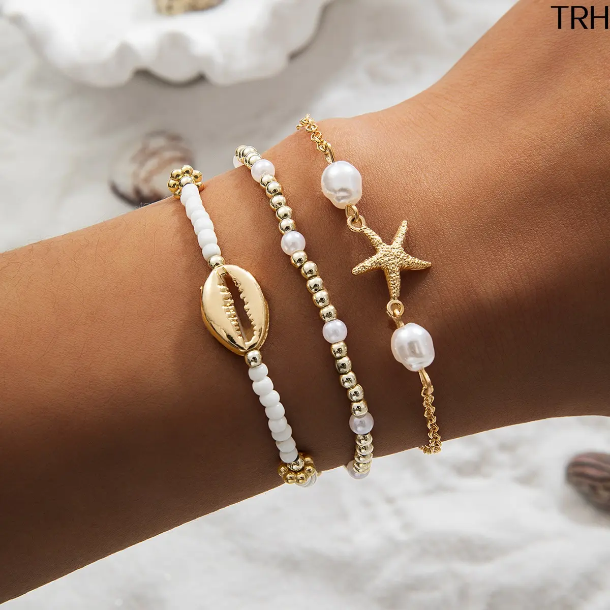 Women's 3-Pcs Nautical Ocean Theme Bracelet Set - Cowrie Shell, Starfish, Baroque Pearl Beaded Stretch Strand Bangles, Sweat & Water Resistant Boho Gold-Silver Plated Alloy Wrist Jewelry for Beach Vacations, Tarnish & Fading Resistant, Ethnic