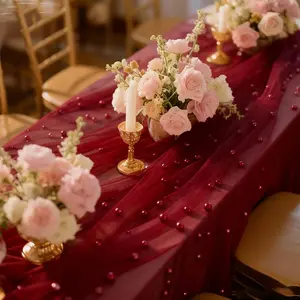 Elegant Wine Pearl Mesh Tablecloth, Rectangular Polyester Decorative Table Cover, Wedding Bridal Shower Party Valentine's Day Decoration