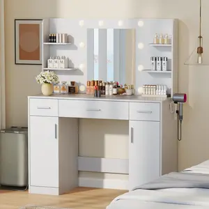 White Bedroom Dresser with Adjustable Lighted Mirror, 3 Drawers, 4 Shelves, Electrical Outlet, Vanity with Decorative Features