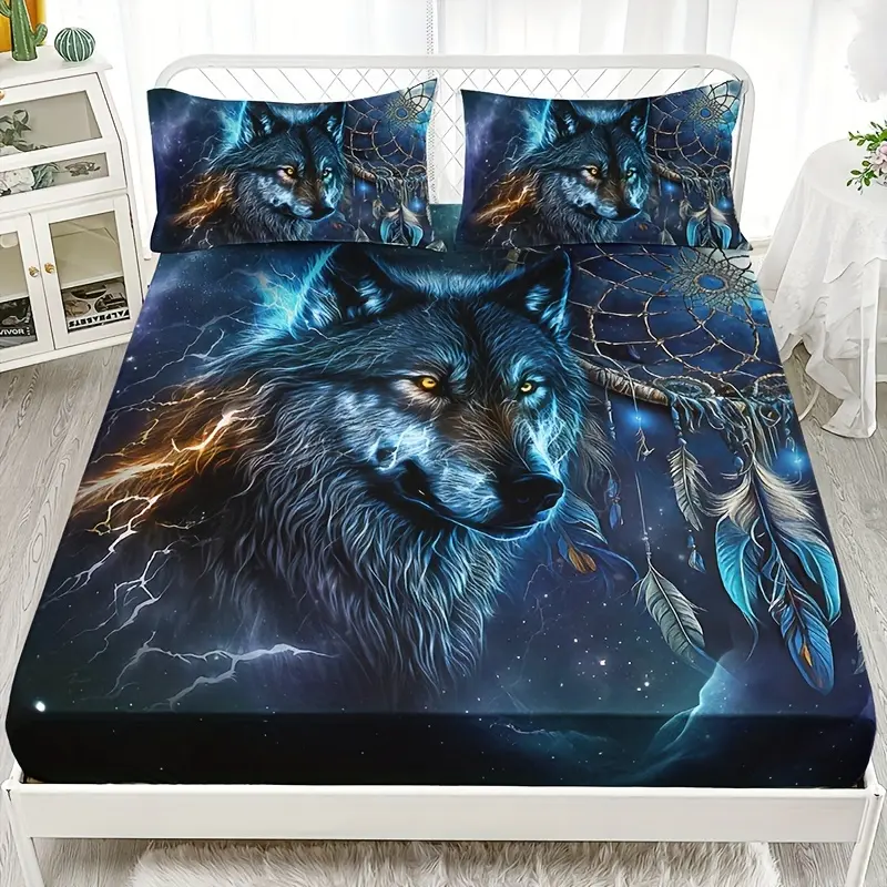 Wolf Dream Catcher 3-Piece Bedding Set - Includes Bed Sheet and 2 Pillowcases, Breathable Polyester Fiber, Machine Washable, Comfortable for All Seasons, Suitable for Home and Dormitory Use