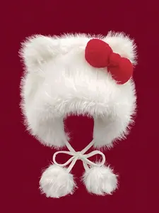 Cute Cat Ear Design Pom Pom Decor Plush Hat, Cute Earflap Hat, New Style Bowknot Design Warm Hat for Fall & Winter, Fashion Accessories for Women