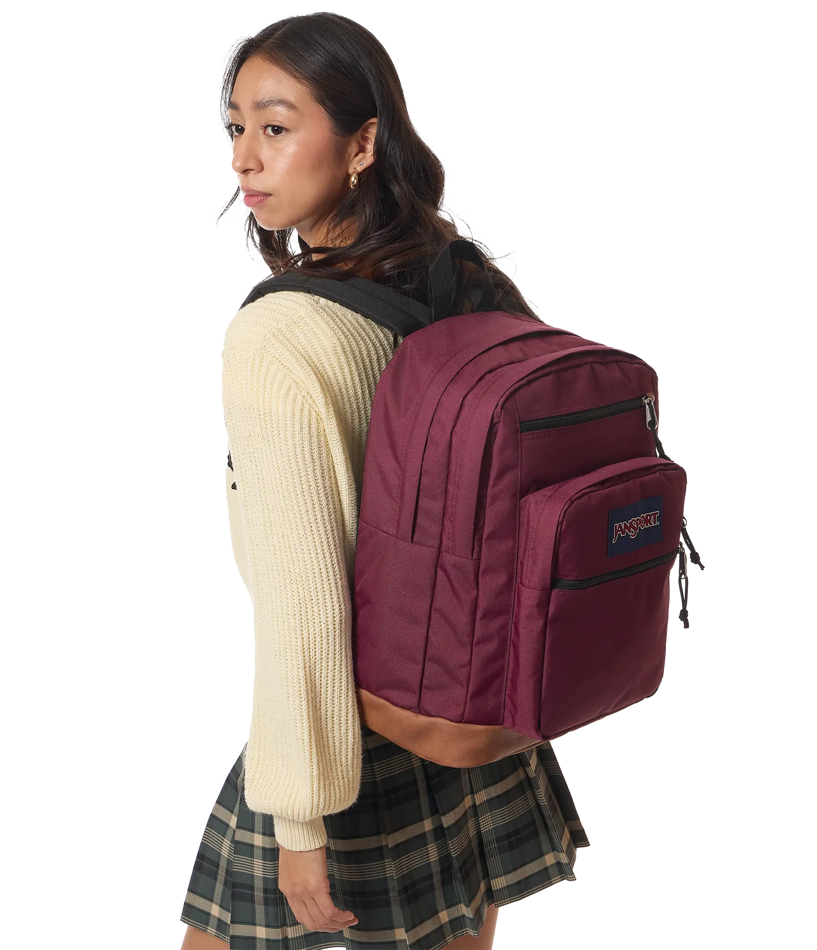 Jansport Big Student Backpack – Vintage suede bottom, letter patch; college backpack with large capacity; casual school daypack for teens