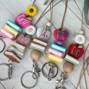 Teacher lanyard, apple and books beaded lanyard