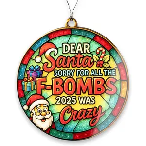 Dear Santa F-Bombs Ornament - Adult Humor Christmas | Naughty List Apology - White Elephant Card - Christmas Ornament 2026 - Suncatcher Effect Stained Glass Window -