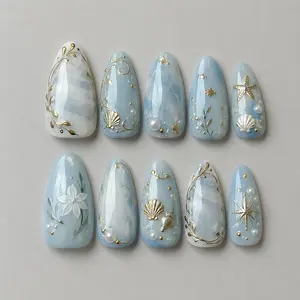 Ocean Press On Nails With Gold Shell Starfish Accents, Almond Nails In Sky Blue White, Coastal Summer Look