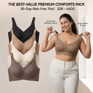 4PCS Seamless Push-Up Jelly Bra | Plus Size Wire-Free Ribbed Everyday T-Shirt Bralette | High Stretch, Ultimate Lift & Soft Sleep Comfort (M-4XL)