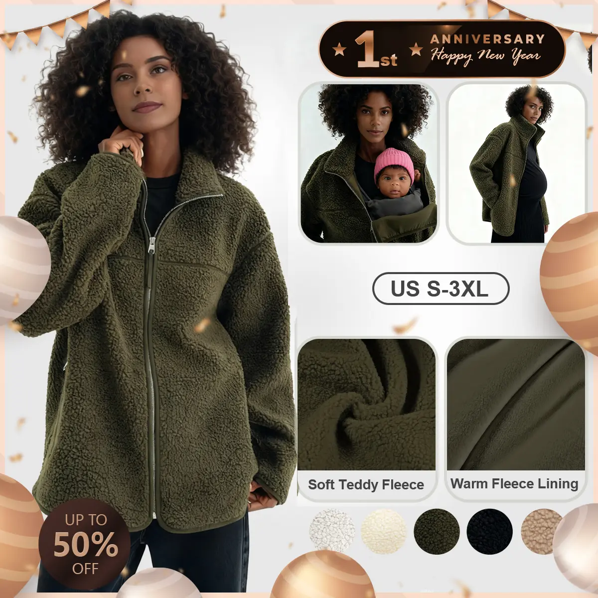Pwest MAMA Women's Before & After Babywearing Casual Teddy Fleece Coat, Long-Sleeve Zippered Outerwear Tops with Pocket, Detachable Panel, Winter Warmth, 2-in-1 Design - Dark Green - BlackFriday