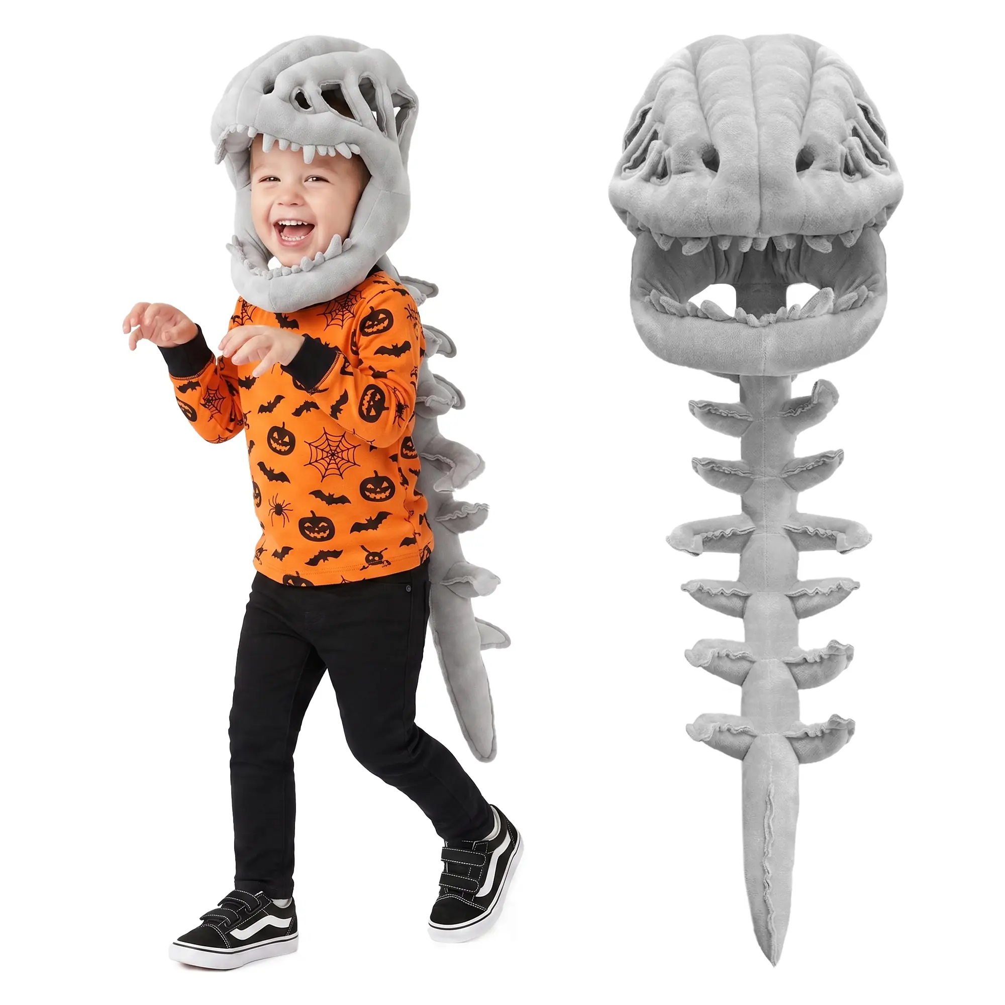 Dinosaur Skeleton Costume for Kids, Wearable Spinosaurus Skull Mask with Spine, Plush Dino Skeleton Costume Outfit for Halloween Dress Up, Cosplay, Pretend Play and Party Gifts