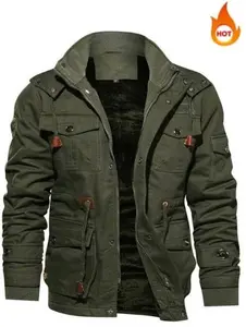 Military Style Mens Jacket Velvet Lined Removable Hood Winter Coat Thickened Casual Jacket with Large Pockets