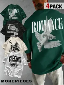 4-Pack Men's Wrinkle-Free Oversized Graphic Tees - Smooth Tech-Fabric Streetwear T-Shirts with Gothic Dove Print, Durable Moisture-Wicking Drop Shoulder Tops for Urban Daily Wear.
