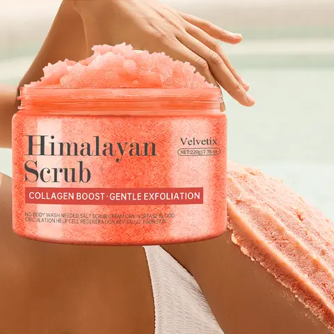 Velvetix Himalayan Salt Scrub - Exfoliating, Fragrance-Free Body Care for Sensitive Skin Repair, Nourishing with Collagen, Aloe, Coconut, Jojoba & Botanical Mix, Hypoallergenic Salt & Oils Moisturizer for Body, Feet
