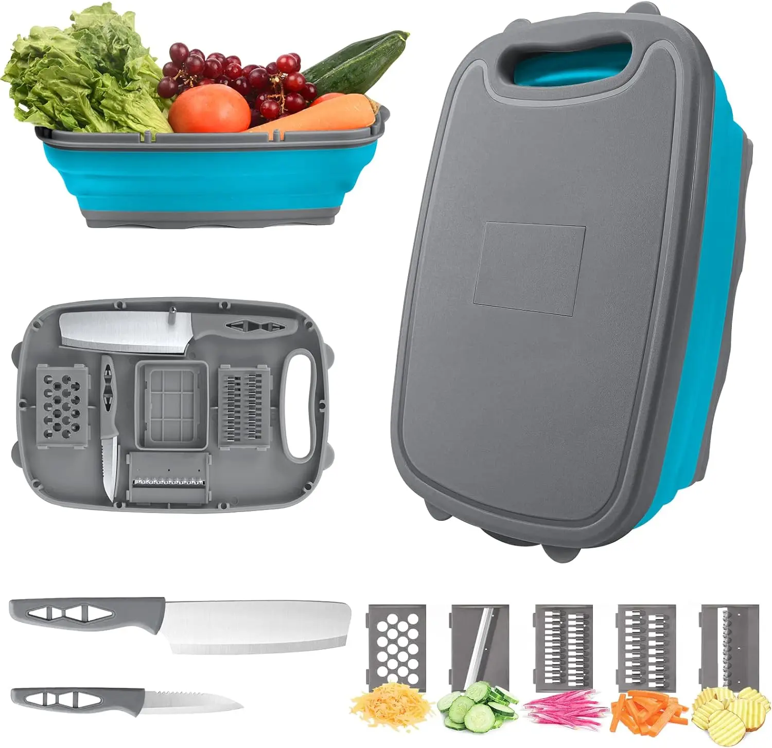 Camping Cutting Board, 9-in-1 Collapsible Chopping Board with Colander, Gifts for Campers Happy Camper, Camping Accessories for RV Campers