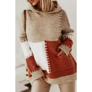 Brown Color Block Hooded Sweater