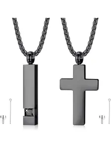 2 Piece Urn Necklaces for Ashes Fireworks Memorial Stainless Steel Cross Cube Pendant with Zirconia Intarsions Souvenir Necklace Length 56CM