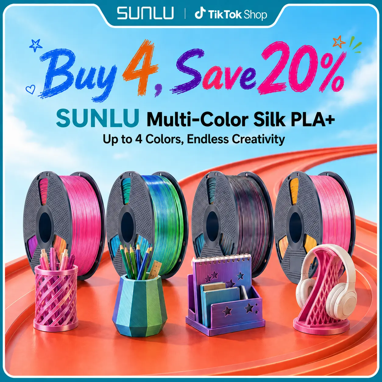 SUNLU 1KG Multi-Color Silk PLA 3D Printer Filament, 3d printer supplies, Dual-Color, Tri-Color & Four-Color Options, Back to School , Smooth Glossy Finish, Beginner-Friendly for Creative Printing,back to school,back to school haul
