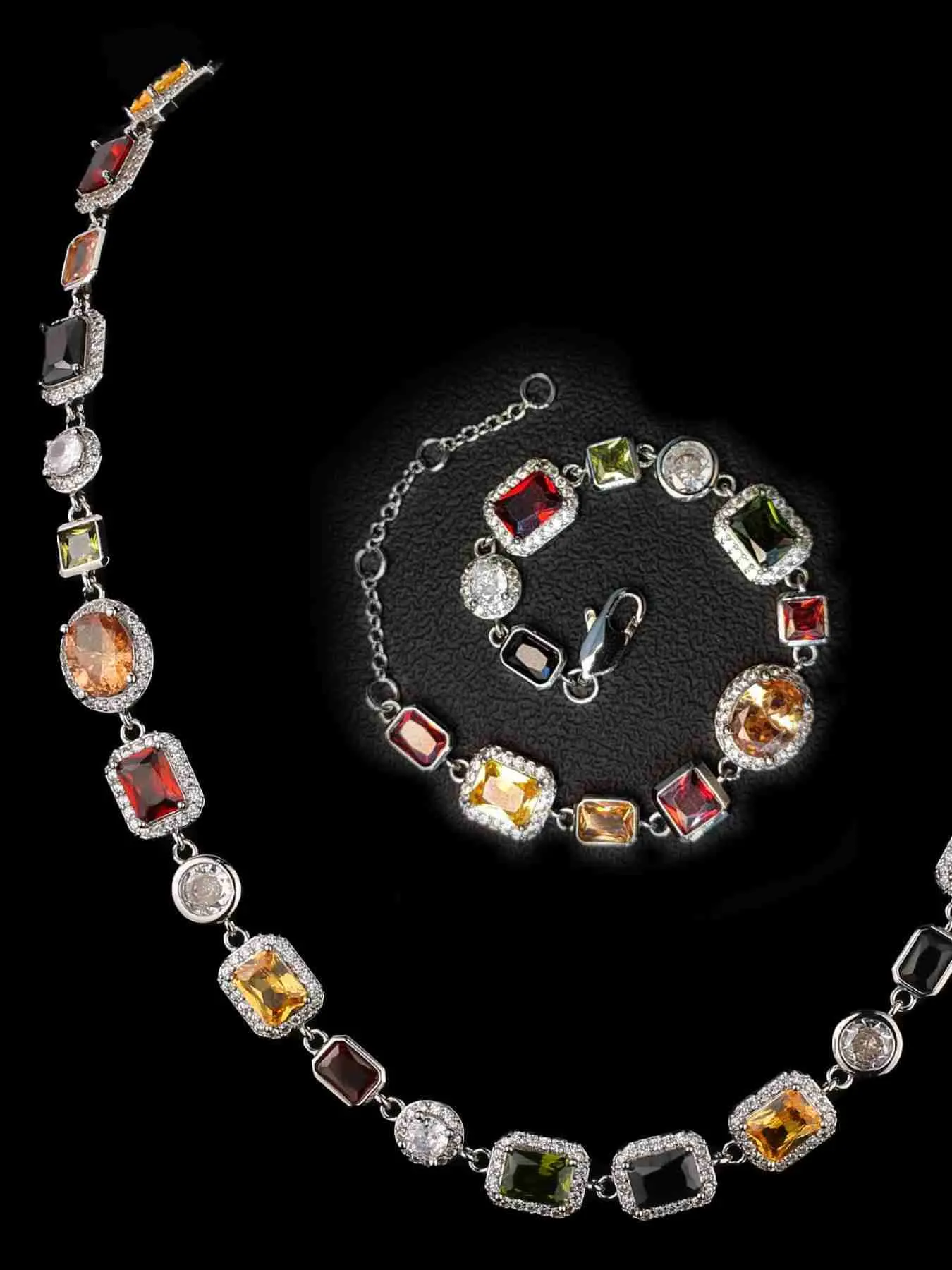 Colorful Rhinestone Decorated Necklace & Bracelet, Street Trendy Adjustable Copper Jewelry Set, Hip Hop Jewelry for Party, Daily Decor, Exquisite Jewelry for Gift, Fashionable Jewelry Set, Jewellery Gift Set