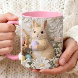 Easter Bunny Mug, Cute Rabbit Coffee Cup, Spring Floral Bunny Mug, Easter Gift for Kids, Pastel Cottagecore Mug