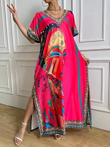 A long beach dress for fall and winter, suitable for plus-size women, with a V-neck design, loose fit, printed patterns, and a Bohemian Casual Trendy style, Bohemian Romantic Dress, Womenswear