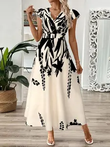 Women's Plants Print Butterfly Short Sleeve Dress, Elegant Chic V Neck A Line Summer Dresses, Women's Clothing for Beach Holiday