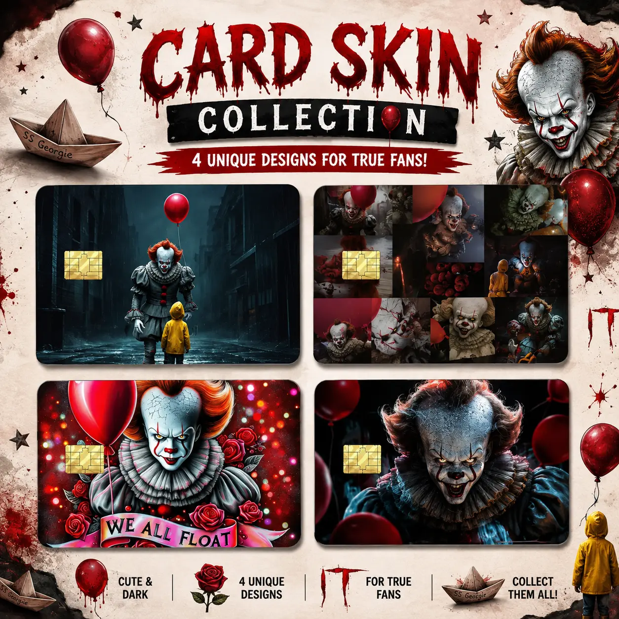 Pennywise Horror Card Skin Set, IT Inspired Debit Card Sticker, Gothic Wallet Card Cover